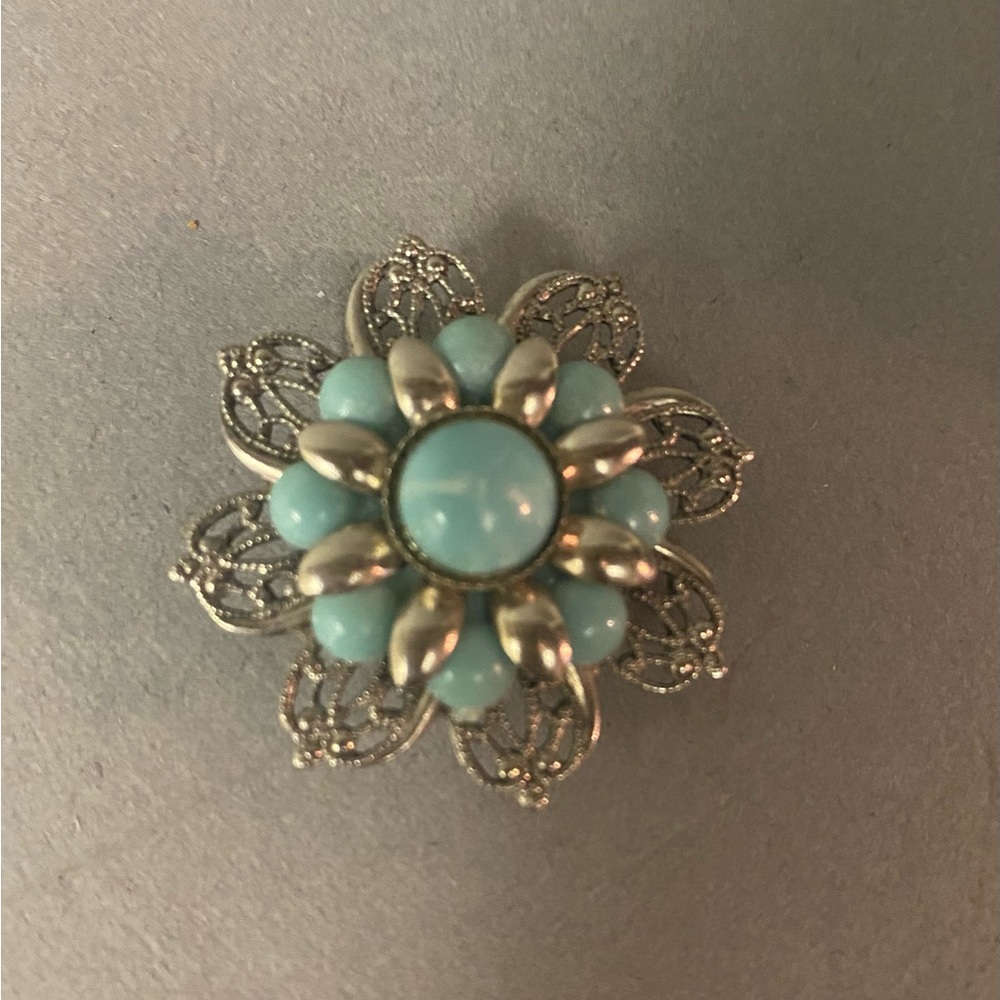 Vintage Silver Tone Filigree & Blue Blossom Brooch